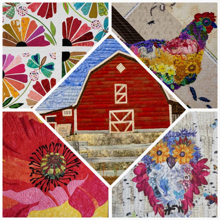 Quilt with colourful artwork on it. The quilt is divided into 5 sections, each with a different piece of art on them.