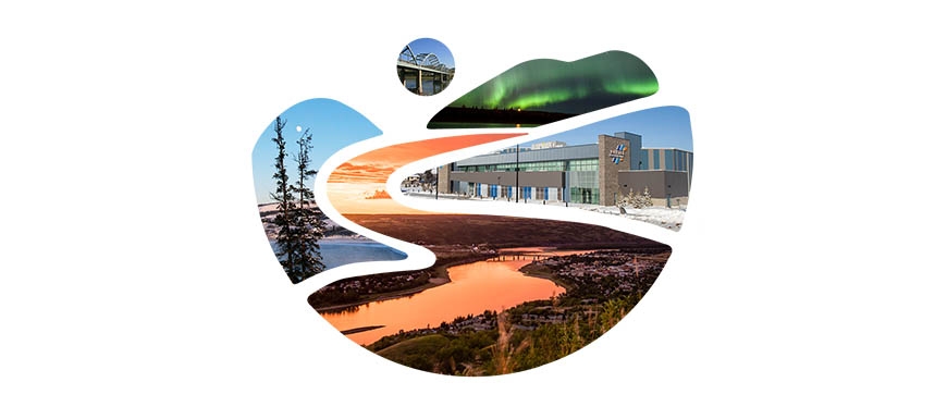 Peace River logo. The logo is divided into 5 different sections which have different art on them.