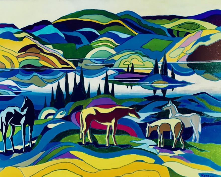 Panorama painting of horses grazing in a multicolour valley. There are some multicolour hills in the background.