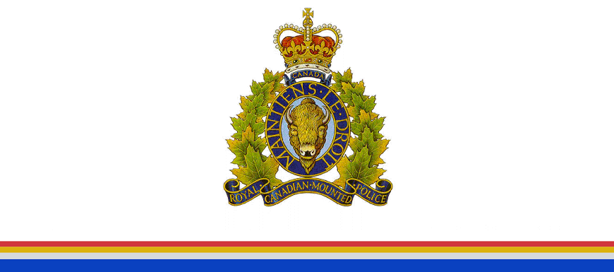 RCMP badge with a long, multicoloured stripe at the bottom.